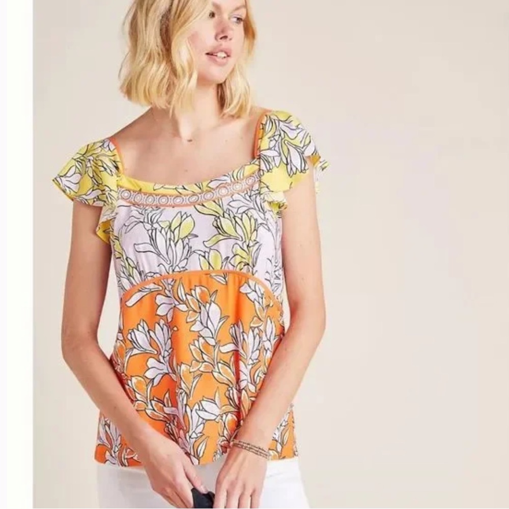 FARM Rio Orange, Yellow & White Floral Short Sleeve Top